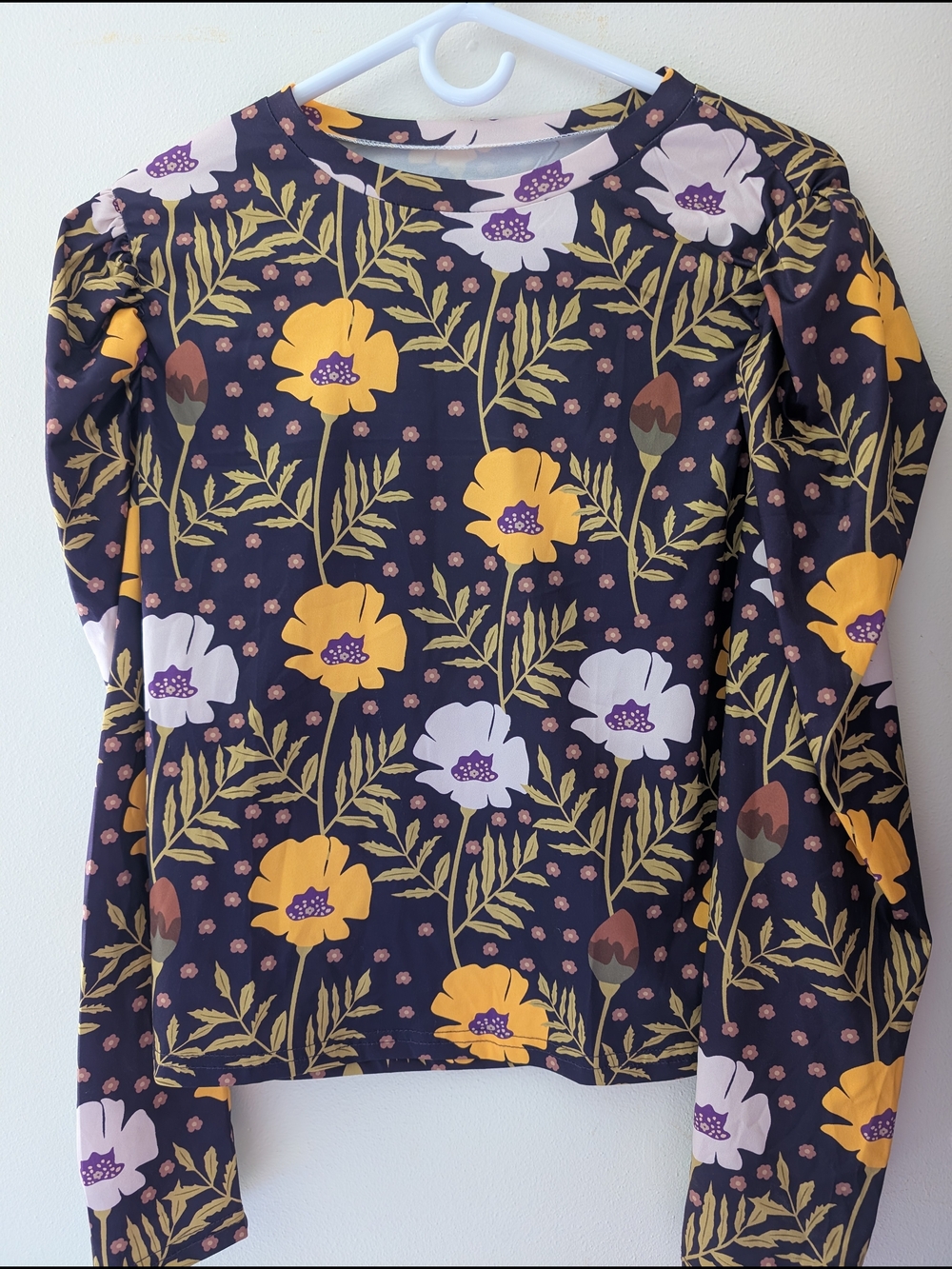 Dark Purple Floral Puff Long Sleeve Crop Top Blouse